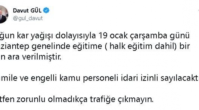 Gaziantep'te eğitime 1 gün daha ara verildi