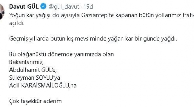 Gaziantep'te kapanan tüm yollar trafiğe açıldı