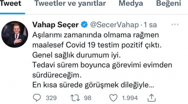 Mersin Büyükşehir Belediye Başkanı Vahap Seçer, korana virüse yakalandı