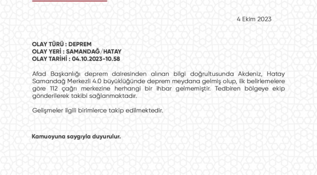 Hatay'da 4 büyüklüğündeki depremde olumsuzluk yaşanmadığı açıklandı