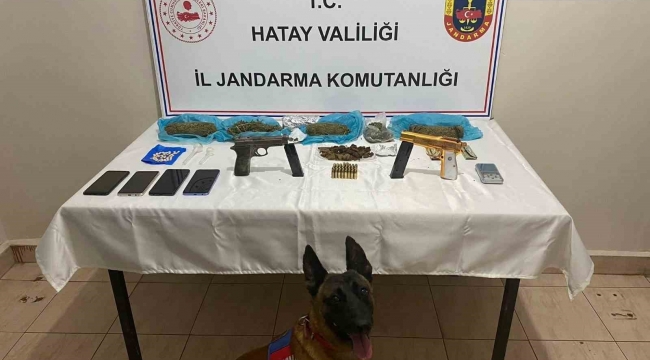 Hatay'da bir araçta yapılan aramada;2 tabanca ve 1 kilo 250 gram esrar ele geçirildi