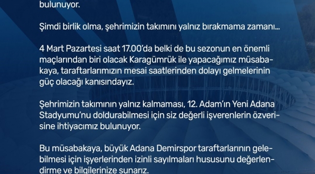 Adana Demirspor'dan iş verenlere çağrı