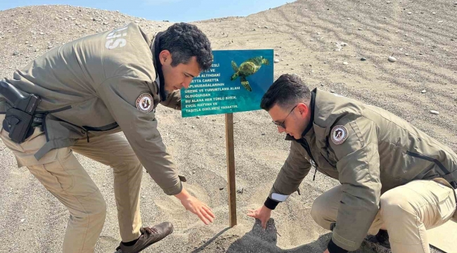 Mersin polisi caretta carettaların üreme alanlarına uyarı levhaları astı